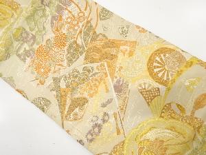 アンティーク　読み本に扇・鶴・草花模様織り出し丸帯（材料）